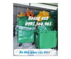 Thùng rác nhựa 600l màu xanh có bánh xe, thùng rom rác thải chung cư
